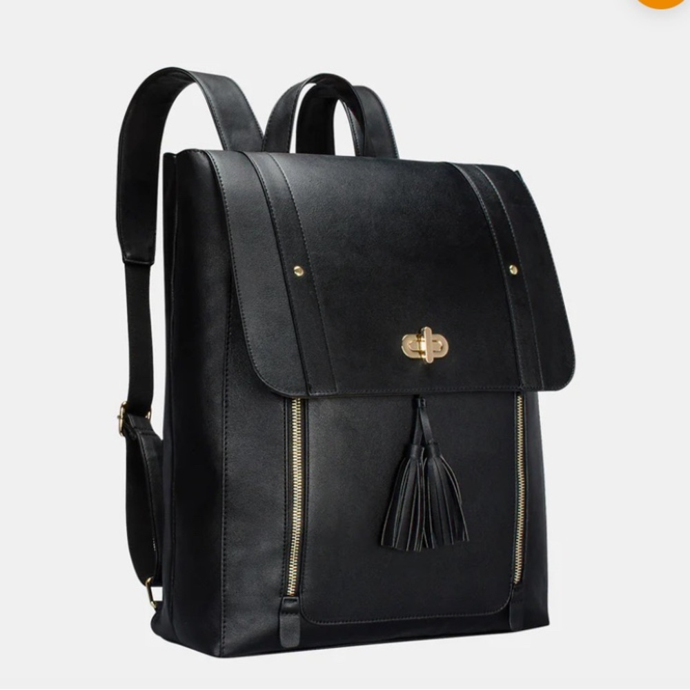 Chic Black Leather Backpack with Tassel